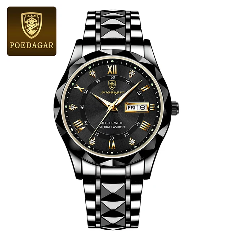 Poedagar PO615 Men Luxury Stainless Steel Luminous Quartz Wristwatch (Full Black)